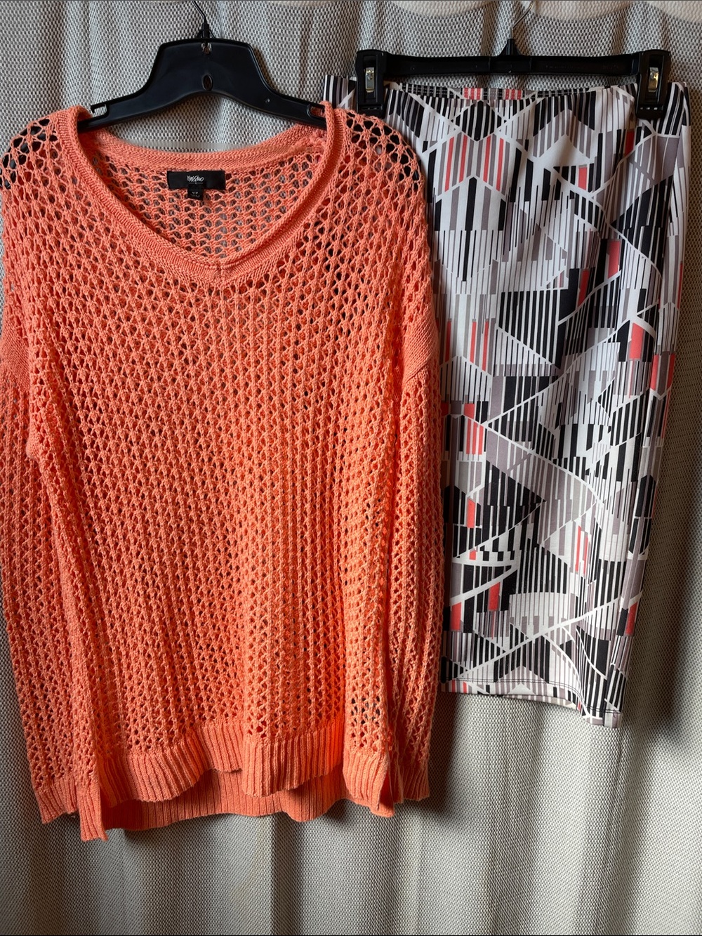 Mossimo Supply Co. Coral Open-Knit V-Neck Sweater with Matching Pencil Skirt